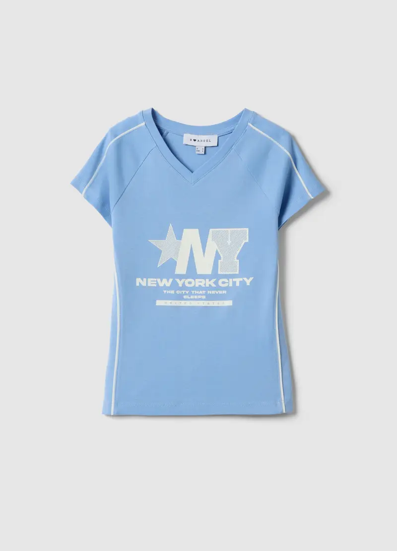 T-shirt In Puro Cotone Azzurra Slim Fit Con Collo A V E Stampa, Donna, Azzurro