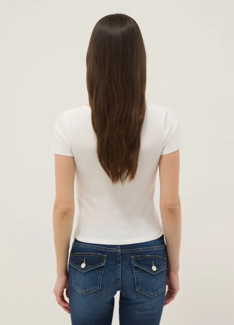 T-shirt In Puro Cotone Bianca Regular Fit Con Scollo A V, Donna, Bianco miniatura 3