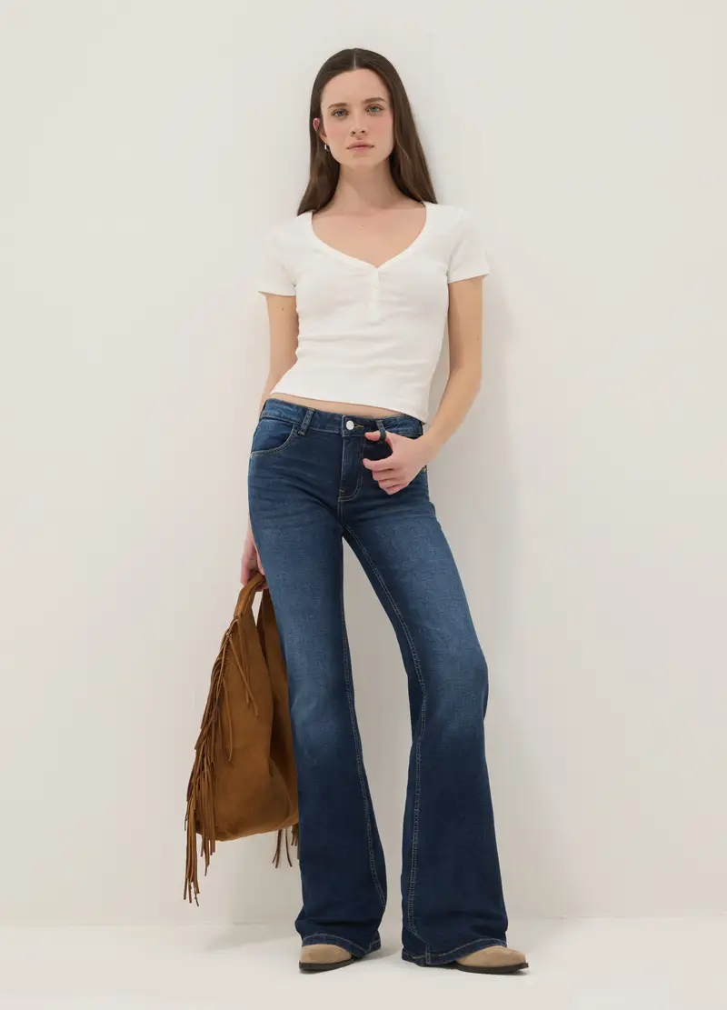 T-shirt In Puro Cotone Bianca Regular Fit Con Scollo A V, Donna, Bianco