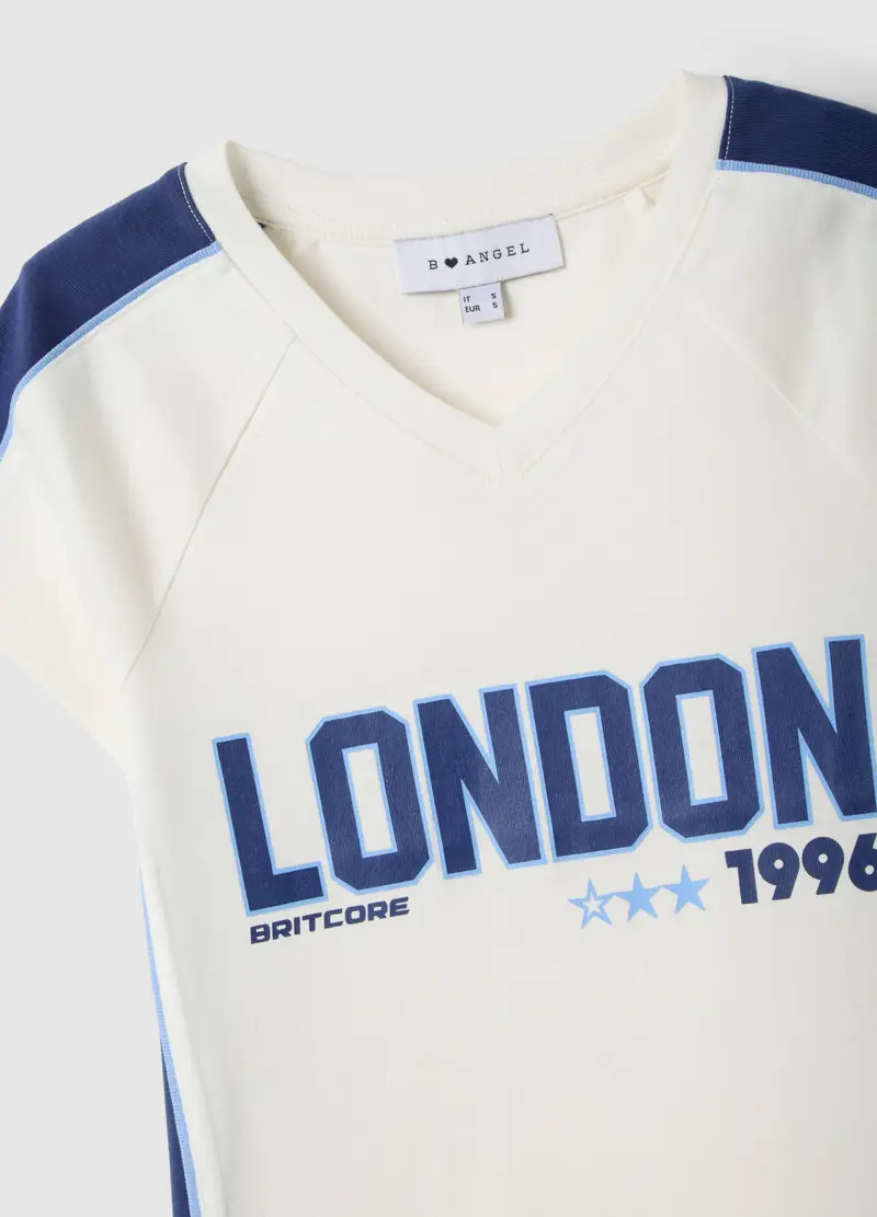 T-shirt In Puro Cotone Bianca Slim Fit Con Collo A V E Stampa, Donna, Bianco miniatura 2