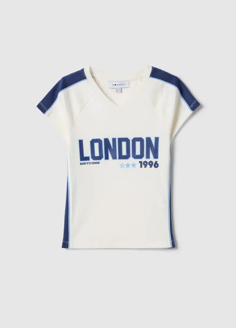 T-shirt In Puro Cotone Bianca Slim Fit Con Collo A V E Stampa, Donna, Bianco