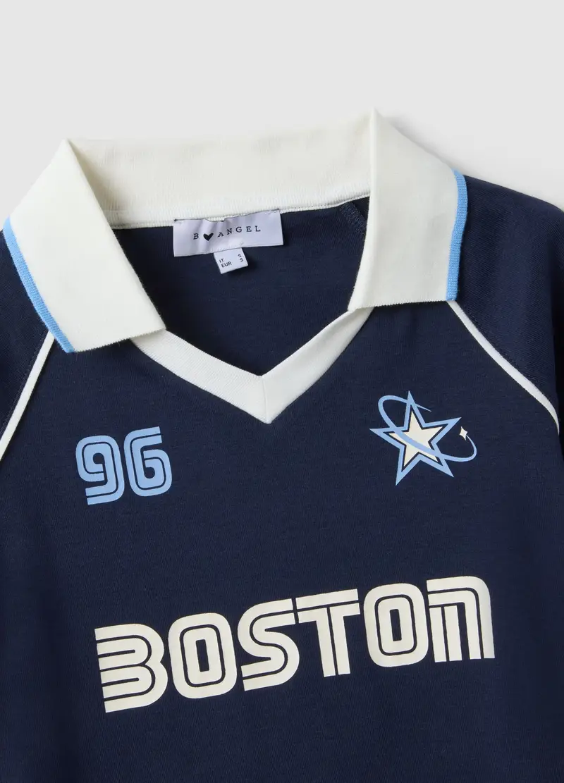 T-shirt In Puro Cotone Blu Regular Fit Con Collo Polo E Stampa, Donna, Blu miniatura 2