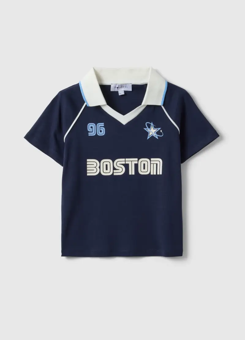 T-shirt In Puro Cotone Blu Regular Fit Con Collo Polo E Stampa, Donna, Blu