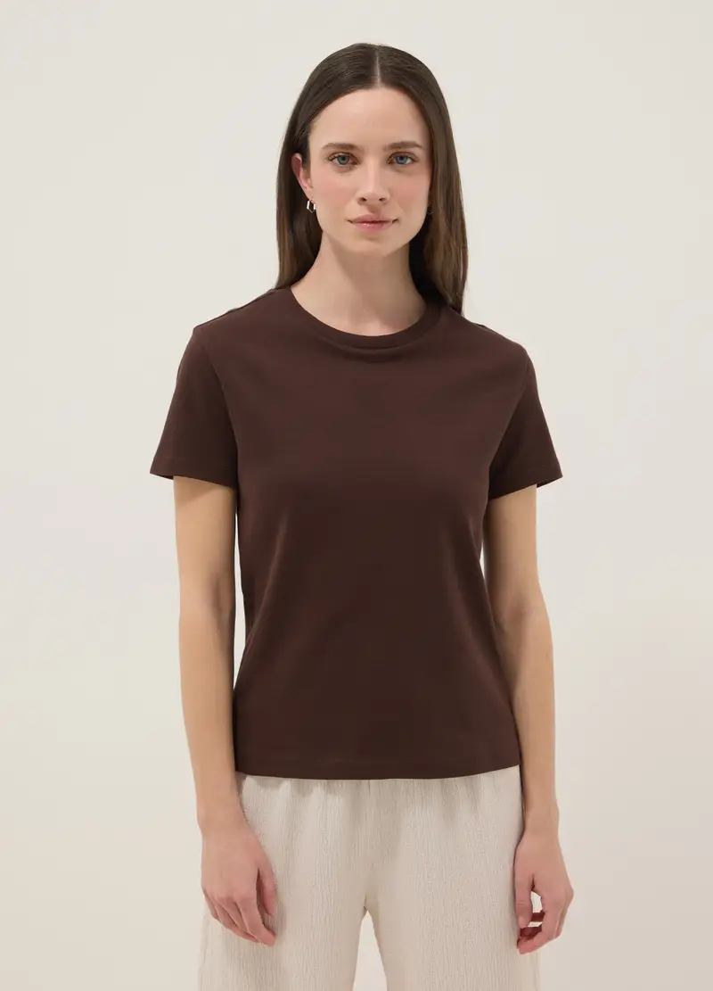 T-shirt In Puro Cotone Marrone Regular Fit, Donna, Marrone miniatura 3
