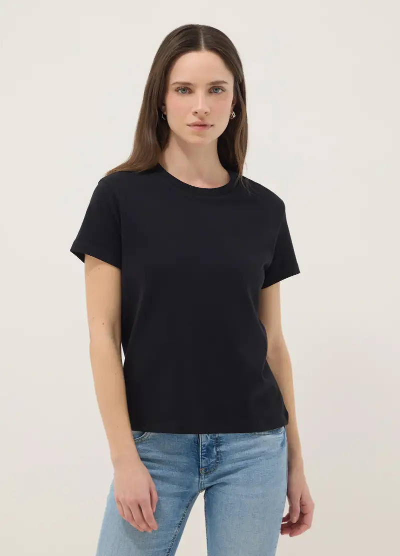 T-shirt In Puro Cotone Nero Regular Fit, Donna, Nero miniatura 3