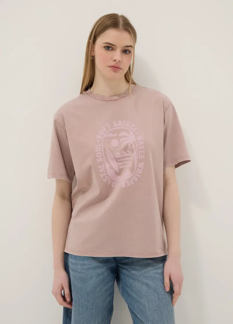 T-shirt In Puro Cotone Rosa Relaxed Fit Con Stampa, Donna, Rosa miniatura 3
