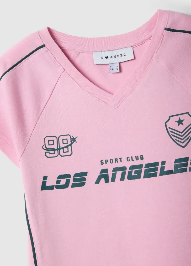 T-shirt In Puro Cotone Rosa Slim Fit Con Collo A V E Stampa, Donna, Rosa miniatura 2