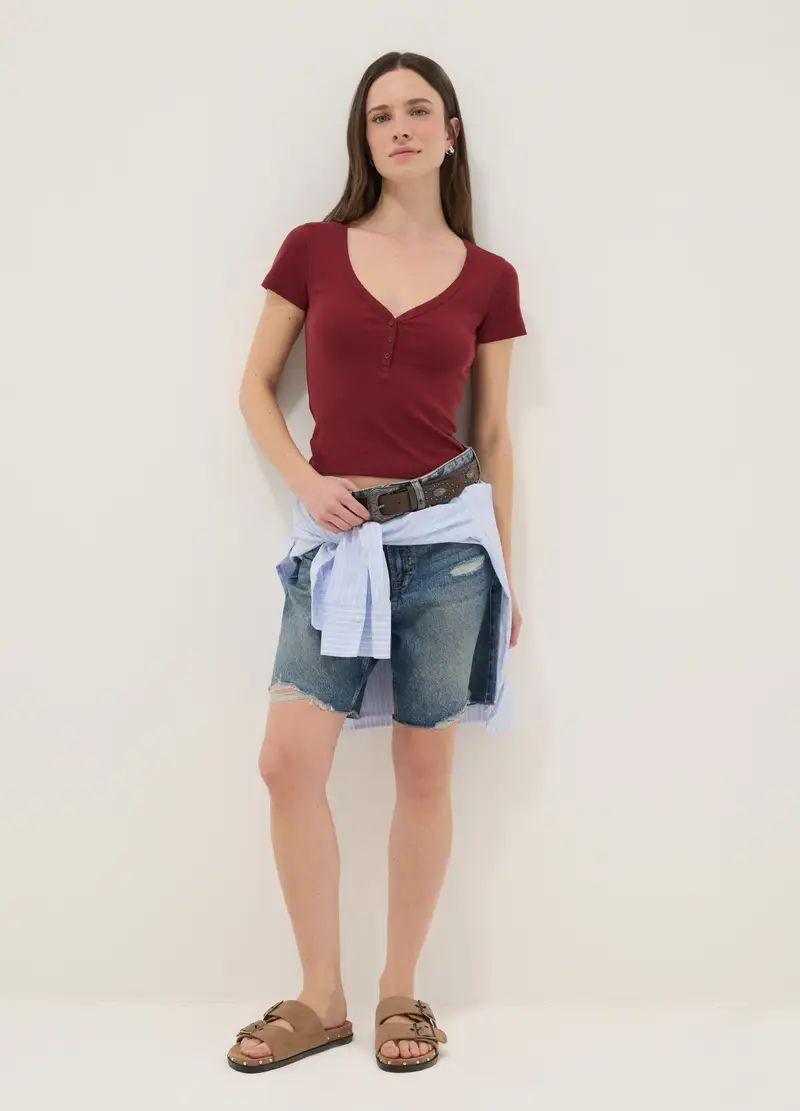 T-shirt In Puro Cotone Rossa Regular Fit Con Scollo A V, Donna, Rosso miniatura 2