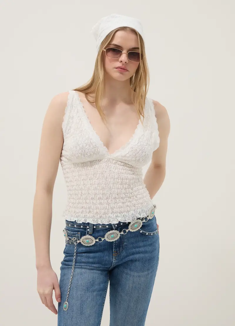 Tank Top Fitted In Cotone Elasticizzato Bianco Con Pizzo Floreale, Donna, Bianco miniatura 3