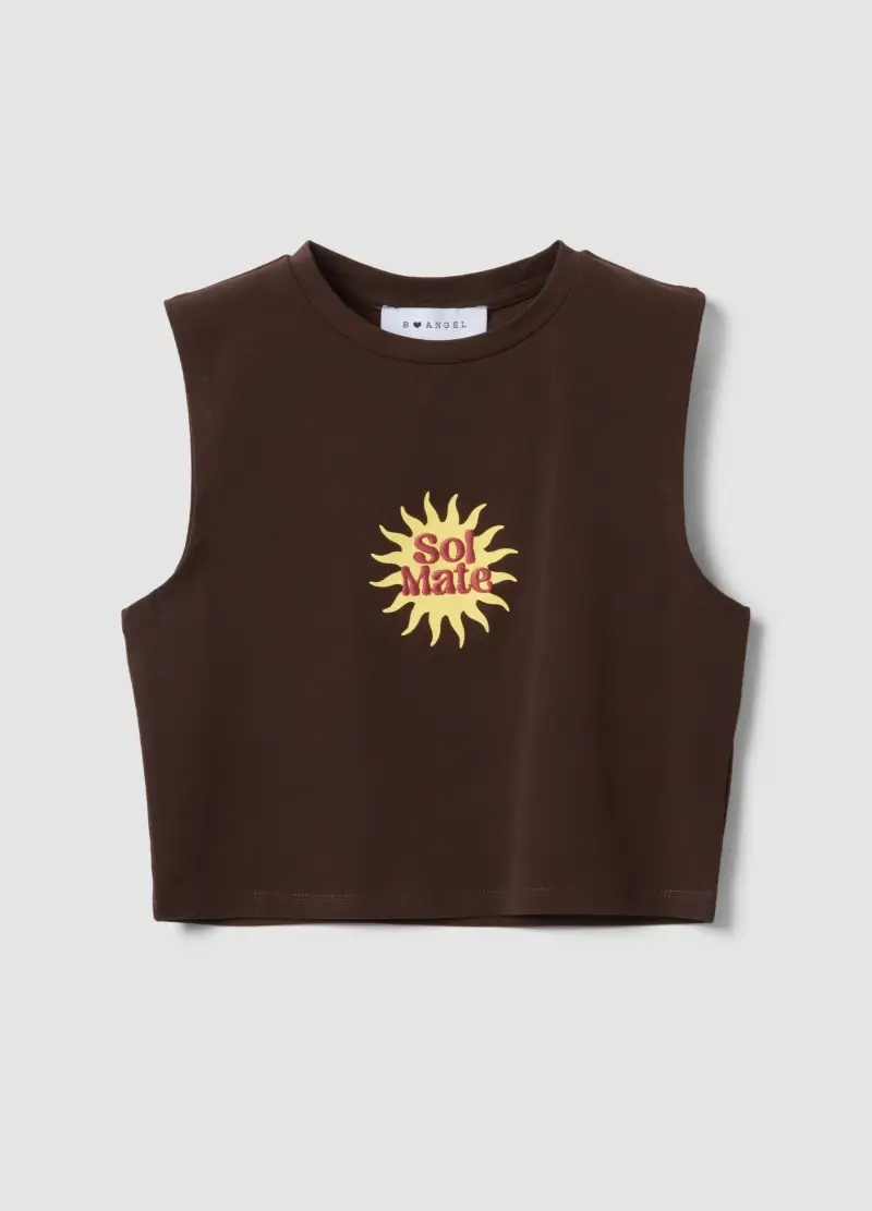 Tank Top In Cotone Elasticizzato Marrone Regular Fit Con Stampa, Donna, Marrone