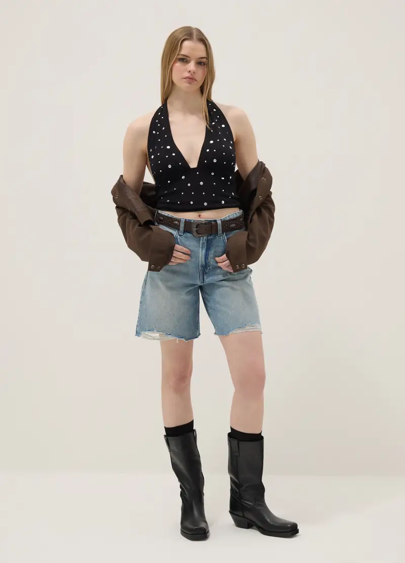 Tank Top In Cotone Elasticizzato Nero Regular Fit Con Scollo Profondo, Donna, Nero miniatura 2