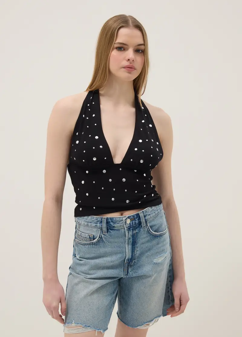 Tank Top In Cotone Elasticizzato Nero Regular Fit Con Scollo Profondo, Donna, Nero miniatura 3