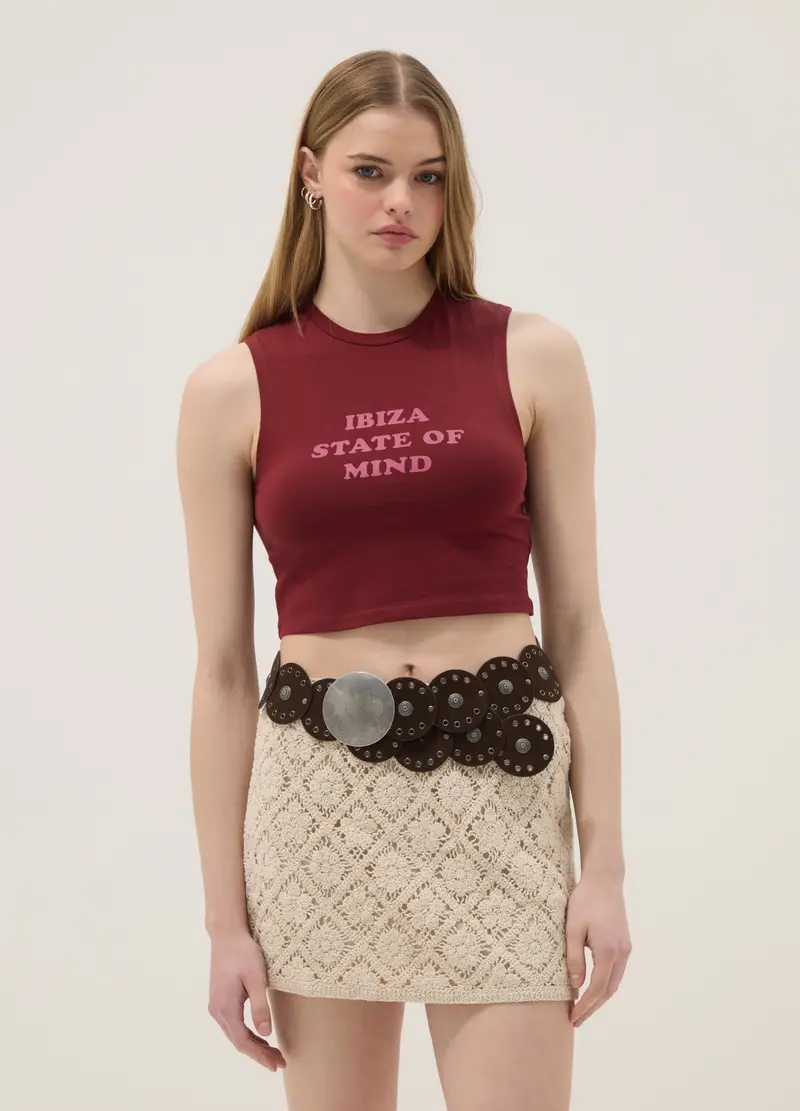 Tank Top In Cotone Elasticizzato Rosso Regular Fit Con Frase, Donna, Rosso miniatura 3