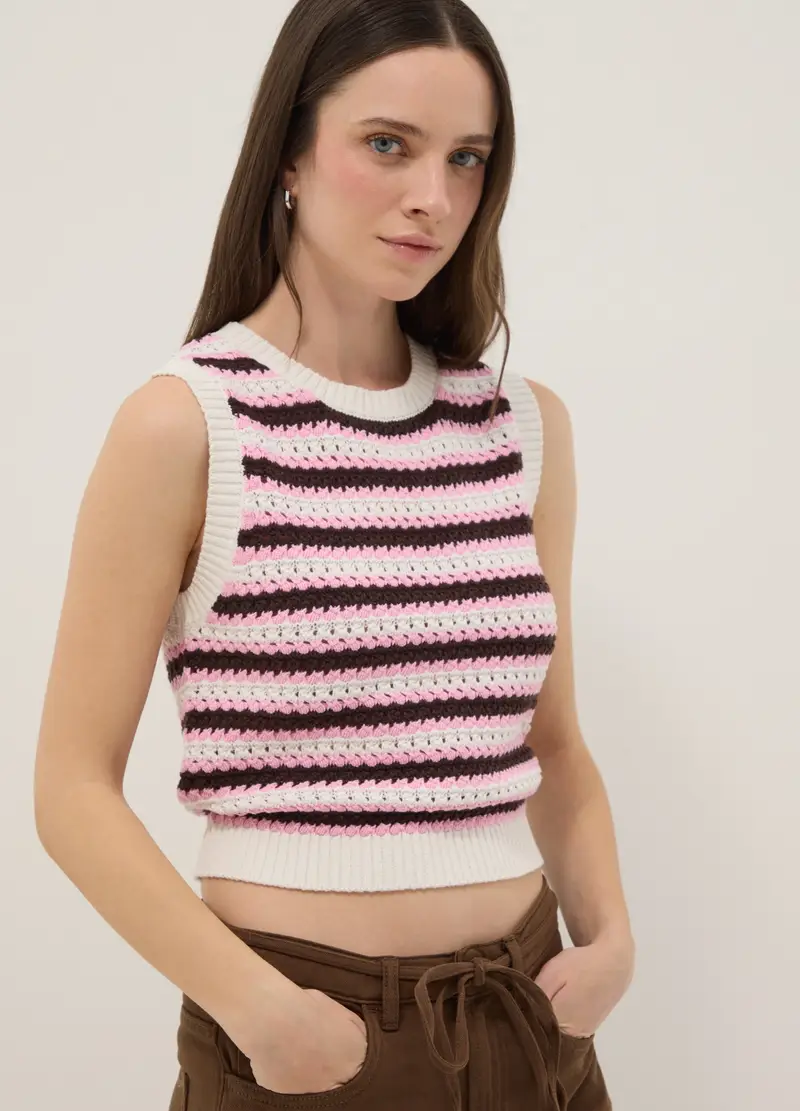 Tank Top In Crochet Puro Cotone A Righe Multicolor Regular Fit, Donna, Multicolor