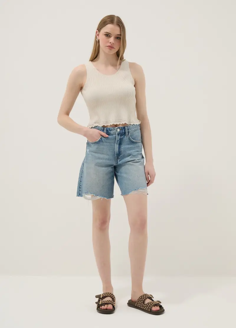 Top Fitted In Misto Viscosa Beige, Donna, Beige miniatura 3