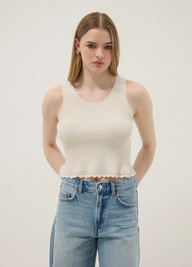 Top Fitted In Misto Viscosa Beige, Donna, Beige