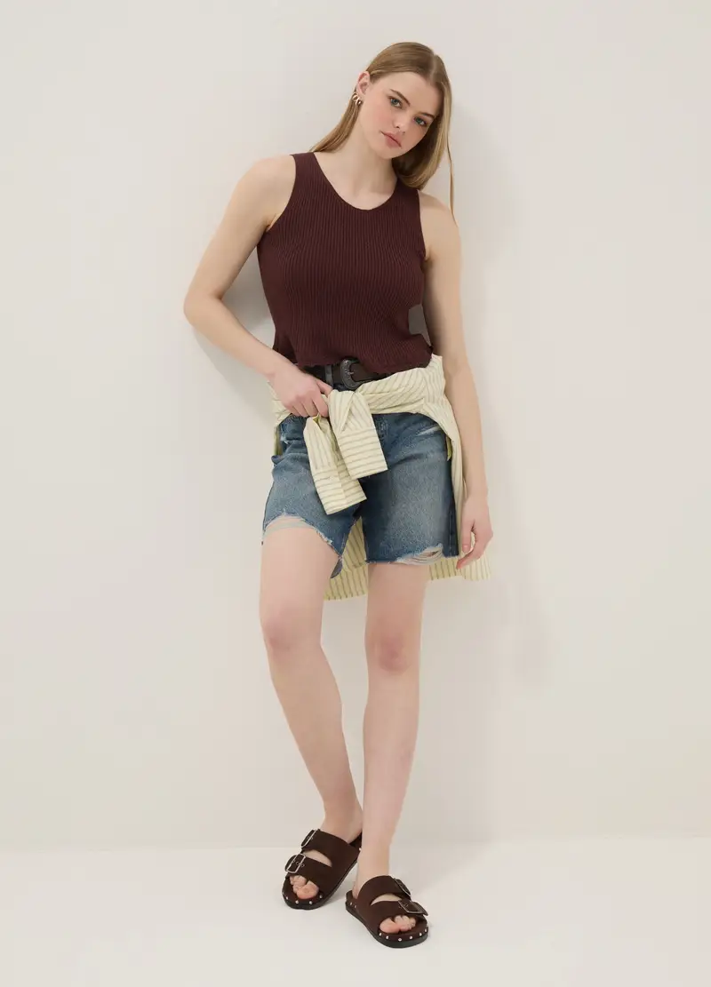 Top Fitted In Misto Viscosa Marrone, Donna, Marrone miniatura 2