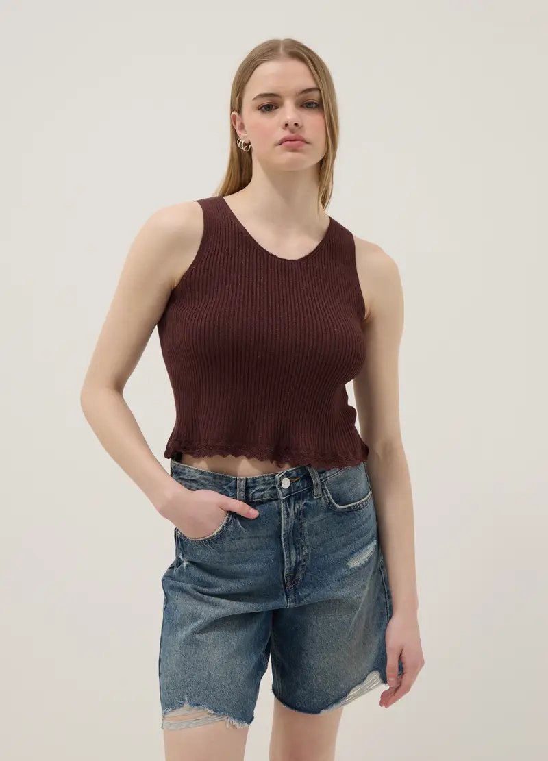 Top Fitted In Misto Viscosa Marrone, Donna, Marrone miniatura 3