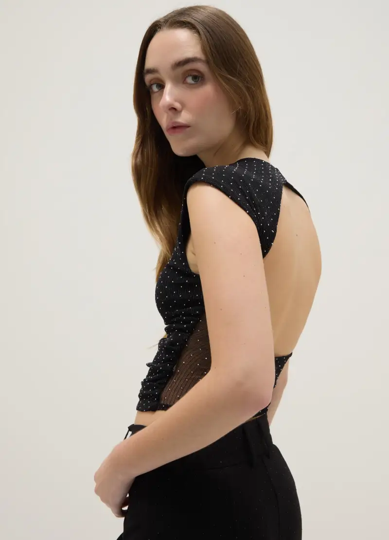 Top Senza Maniche Nero Regular Fit Con Schiena Scoperta E Strass, Donna, Nero