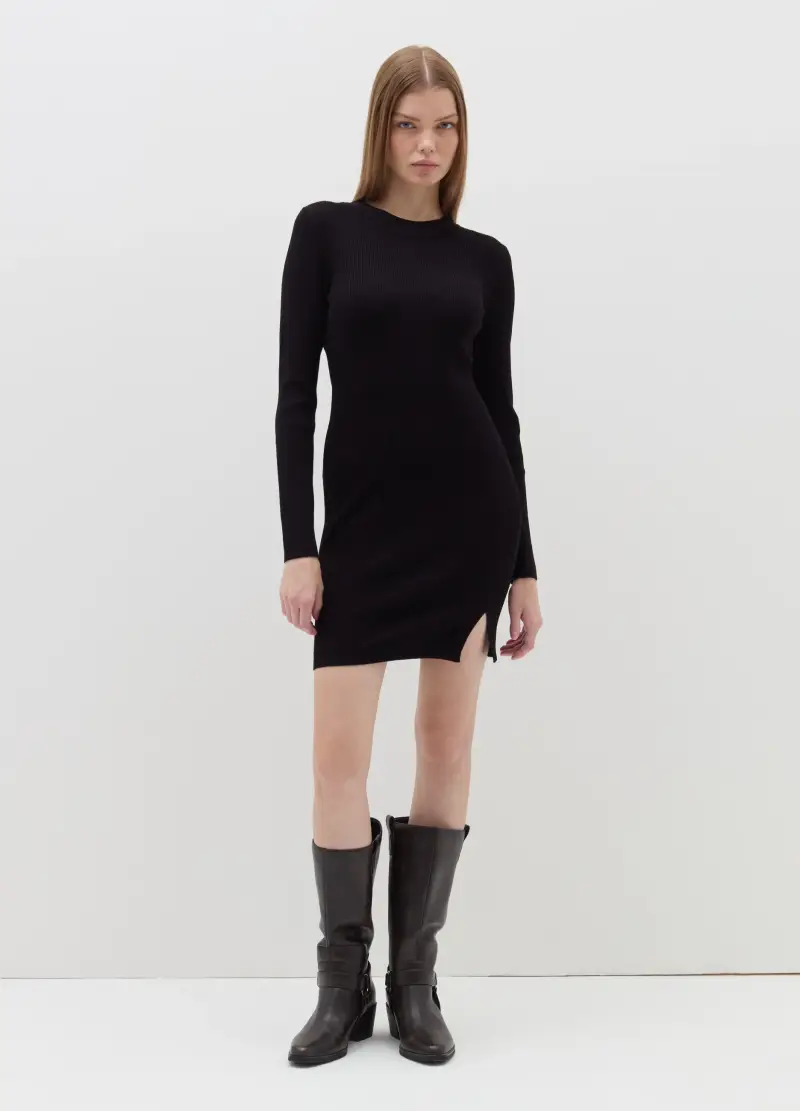 Vestito Corto A Costine, Donna, Nero