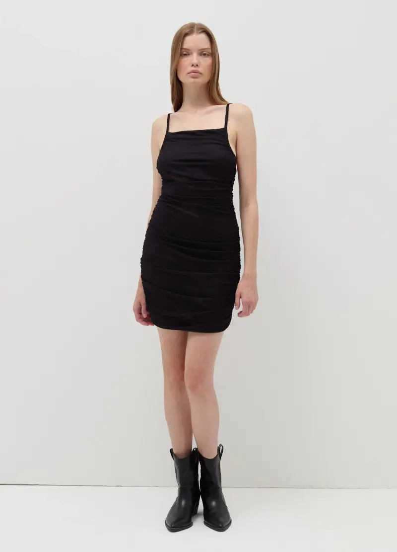 Vestito Corto In Mesh Con Arricciatura, Donna, Nero