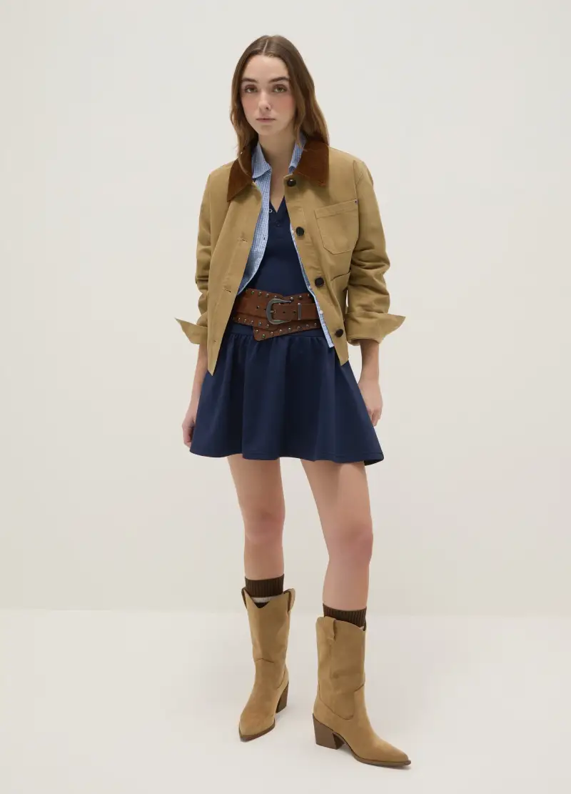 Vestito In Cotone Elasticizzato Blu Regular Fit Con Scollo A V, Donna, Blu miniatura 2