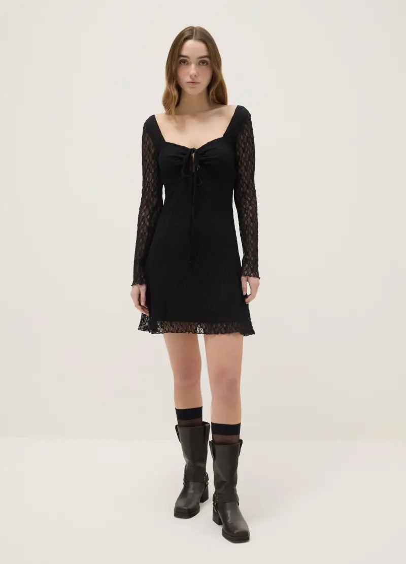 Vestito In Pizzo Nero Regular Fit Con Scollo Quadrato, Donna, Nero miniatura 2