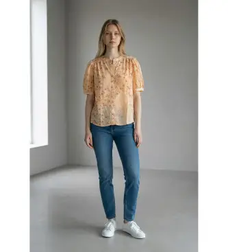 per donna 1E26NOVE Blusa Novella arancione (XS), Casual, Viscosa, Manica corta Floreale