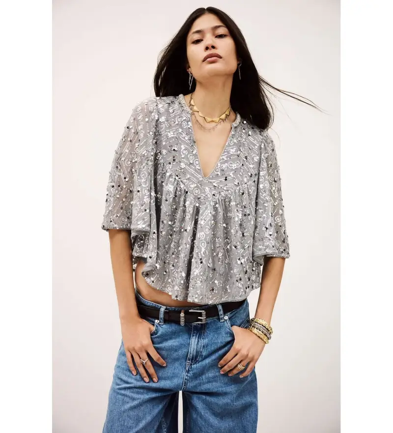 per donna 1H25CARA Camicetta Silver Face (34), Casual, Grigio, Poliestere, Manica 3/4