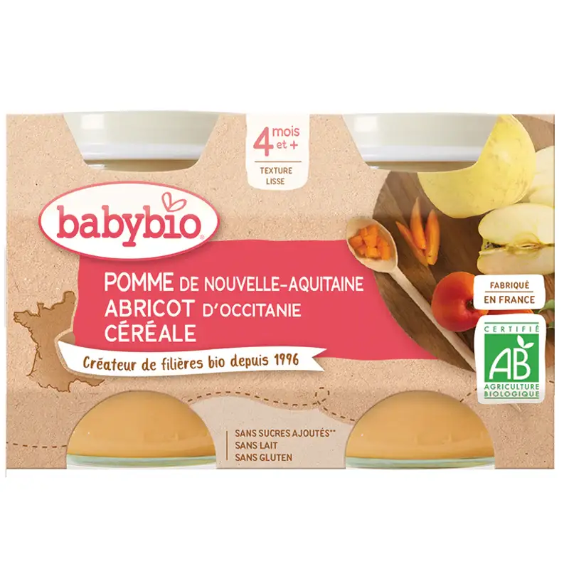 Vasetti Frutta - 4 mesi e + - Mela, Albicocca, Cereale - BIO 2x130 g