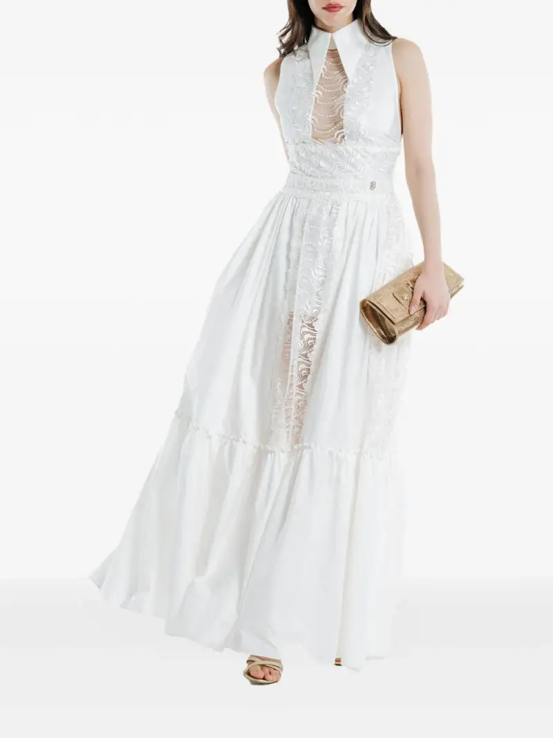 Abito lungo bianco con semitrasparenze ricamate miniatura 3
