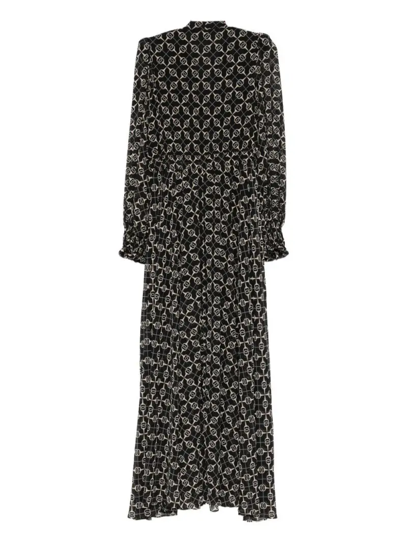 Abito Lungo Scuro con Stampa Catena e Scollo a V Nero miniatura 3