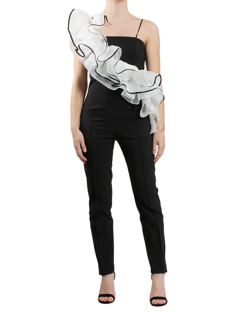 Tuta intera nera con voilant frontale asimmetrico Nero