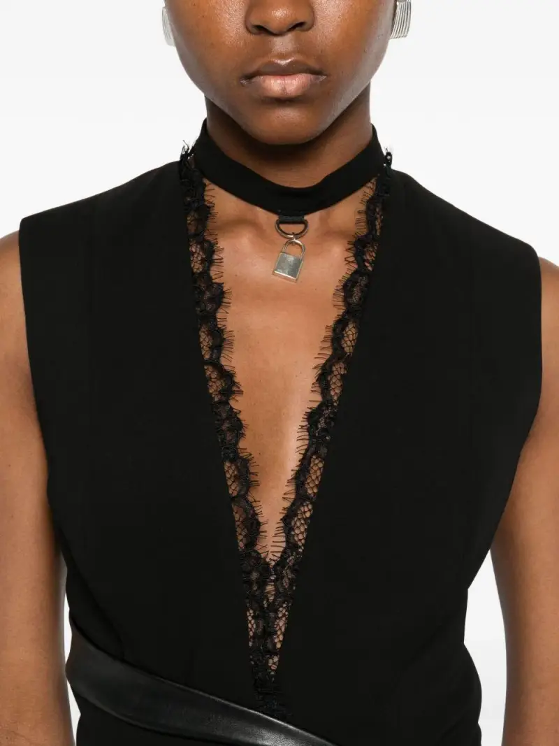 Abito Midi Senza Maniche con Pizzo Nero miniatura 3