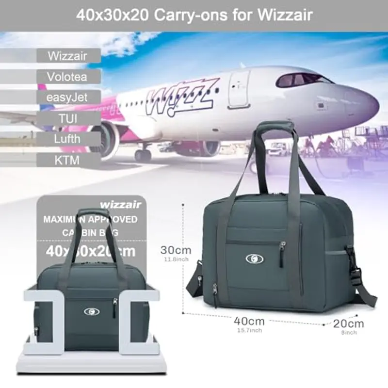 BAGZY 2pcs/set Bagaglio a Mano 40x30x20 Wizzair, Impermeabile Borsa Cabina da Viaggio Aereo Pieghevole, per Parto Ospedale, da Ginnastica Borsa Del Fine Settimana Borse da Palestra (Nero+Grigio) miniatura 2