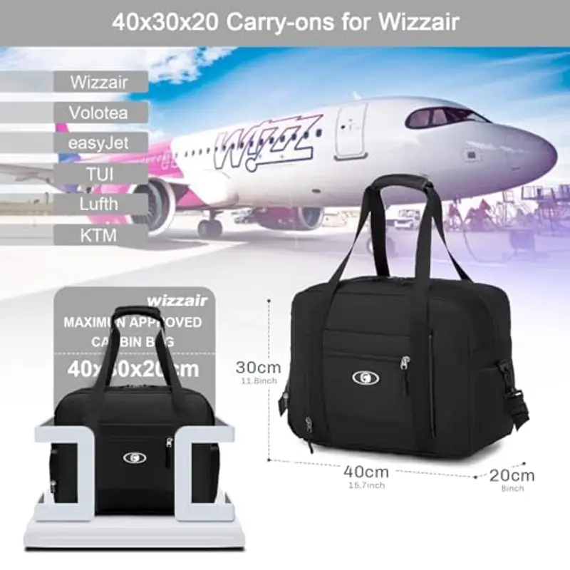 BAGZY 2pcs/set Bagaglio a Mano 40x30x20 Wizzair, Impermeabile Borsa Cabina da Viaggio Aereo Pieghevole, per Parto Ospedale, da Ginnastica Borsa Del Fine Settimana Borse da Palestra (Nero+Nero) miniatura 2