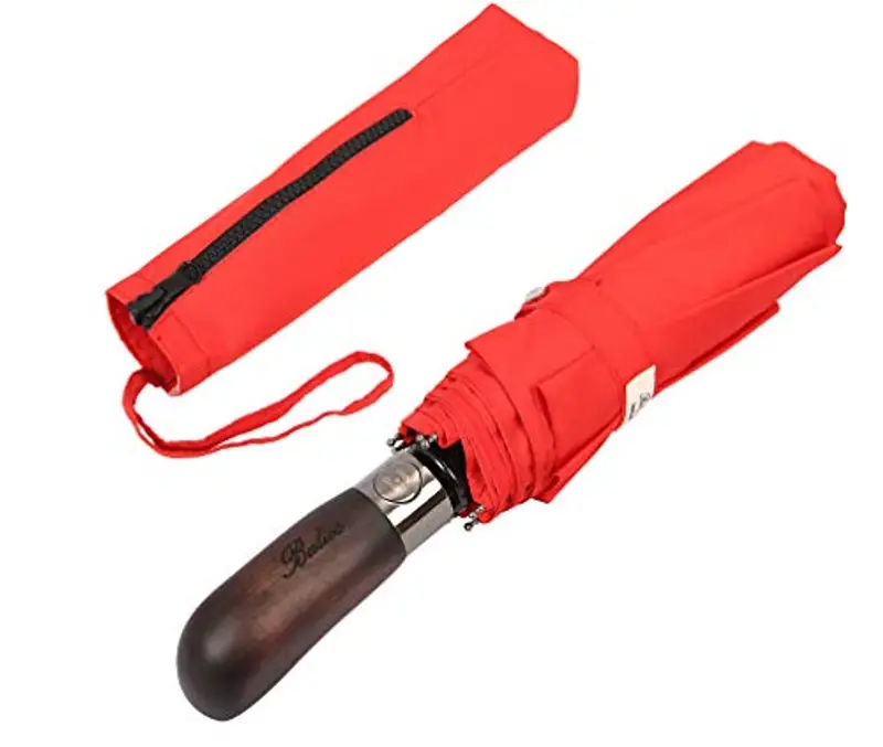 Balios - Ombrello da viaggio unisex con manico in vero legno, ad apertura e chiusura automatica; a prova di vento, a