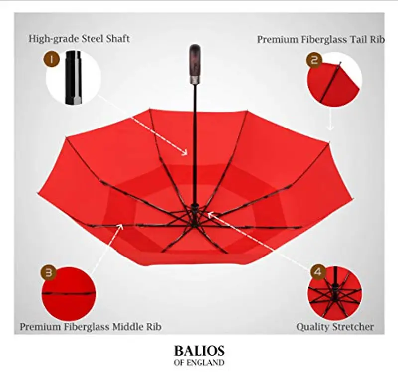 Balios - Ombrello da viaggio unisex con manico in vero legno, ad apertura e chiusura automatica; a prova di vento, a miniatura 2