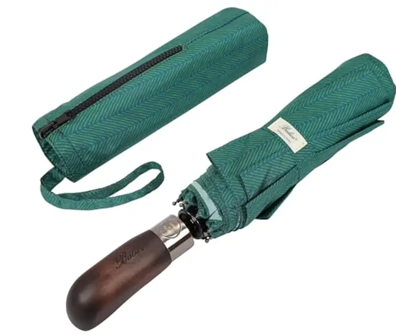 Balios Ombrello pieghevole con manico in vero legno automatico aperto vicino baldacchino ventilato, Verde giada a spina