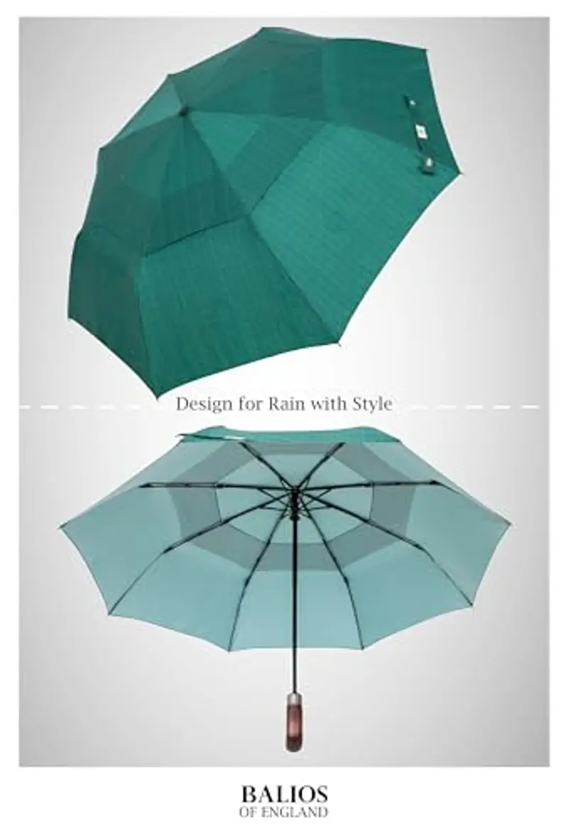 Balios Ombrello pieghevole con manico in vero legno automatico aperto vicino baldacchino ventilato, Verde giada a spina miniatura 3