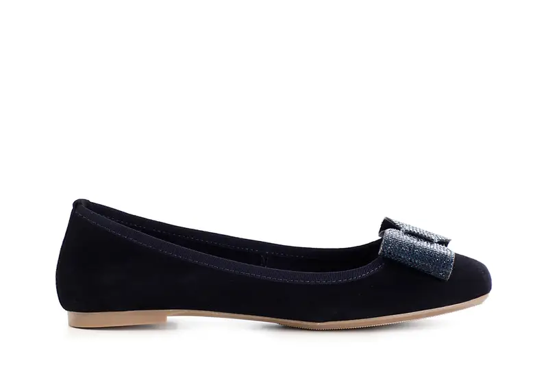 ballerina in pelle scamosciata monocolore con fiocco tempestato di strass blu