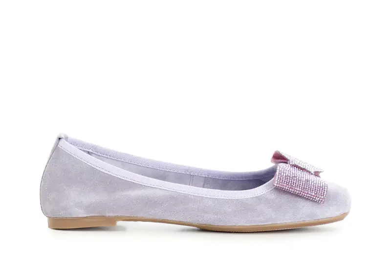 ballerina in pelle scamosciata monocolore con fiocco tempestato di strass glicine