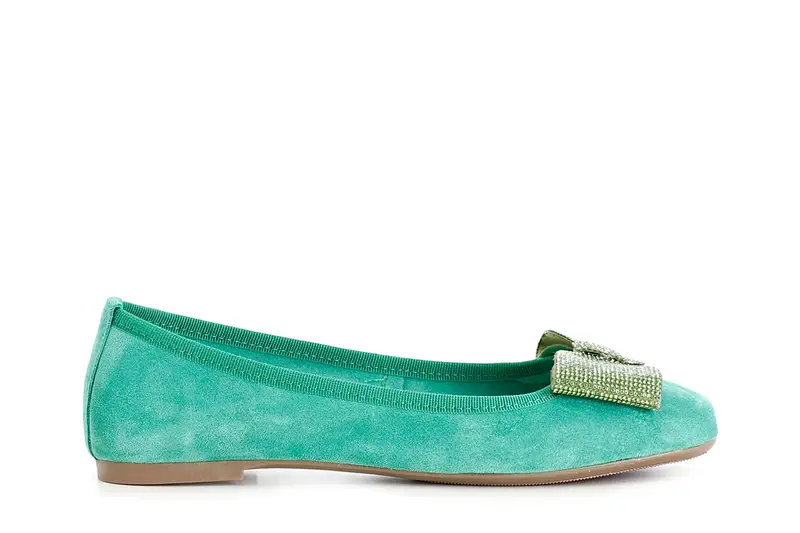 ballerina in pelle scamosciata monocolore con fiocco tempestato di strass verde