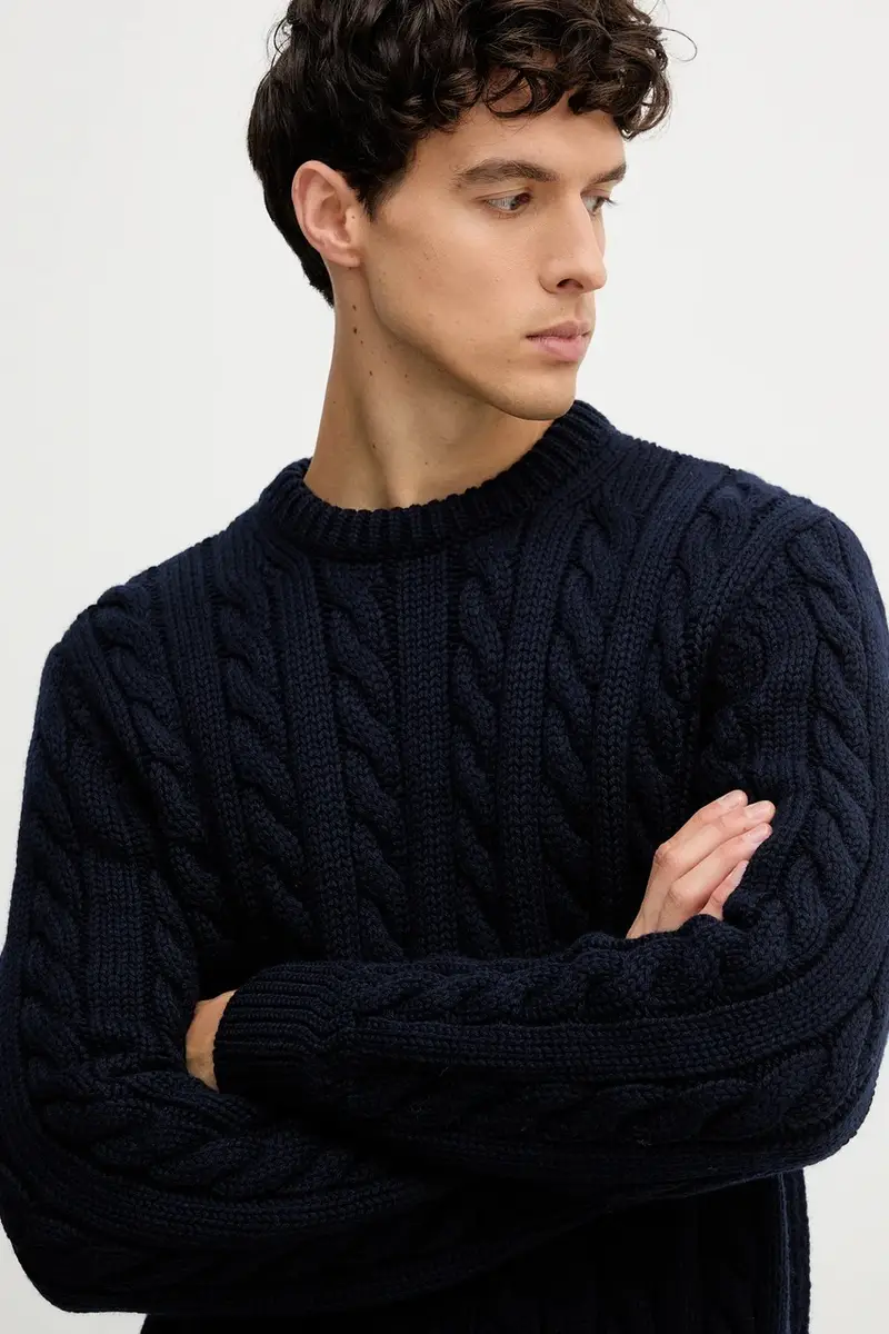 maglione in lana uomo colore blu navy MKN07V miniatura 4