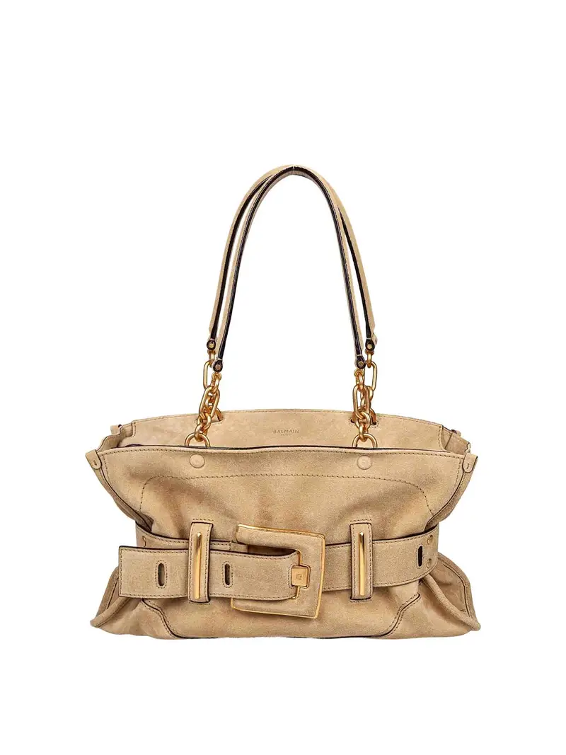 Balmain Borsa A Spalla Anthem In Suede Beige