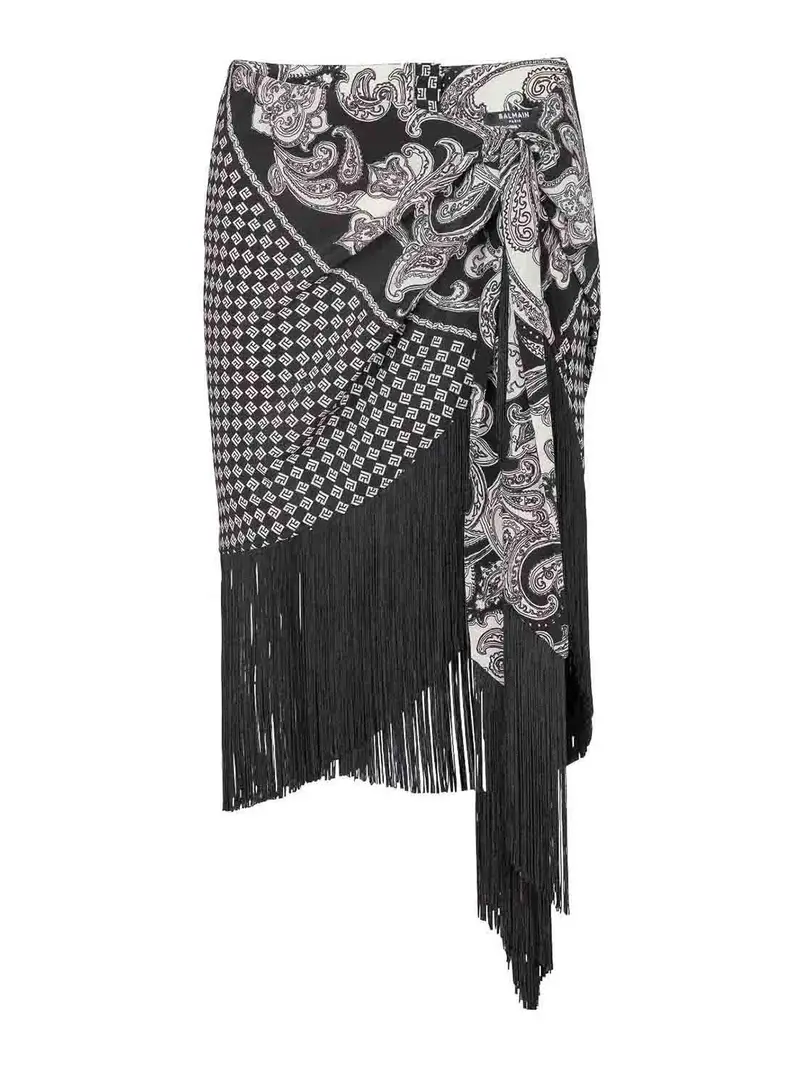 Gonna a sciarpa di seta con frange Nero