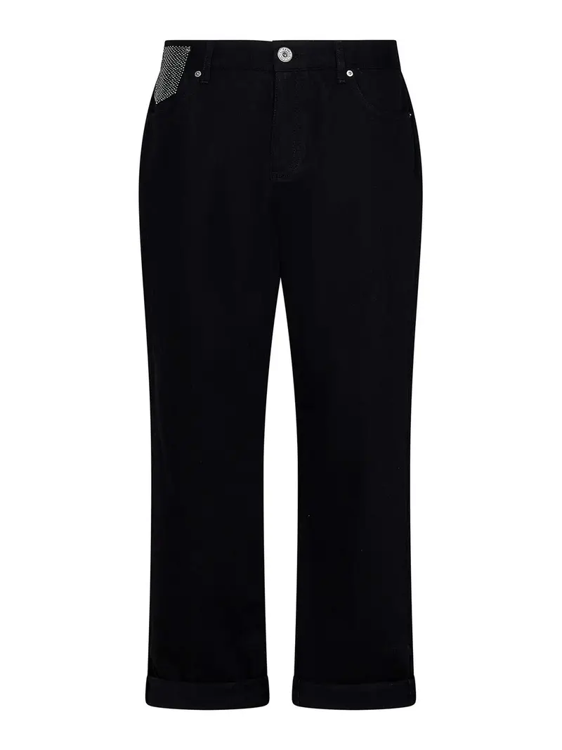 Jeans in denim nero con tasca con strass