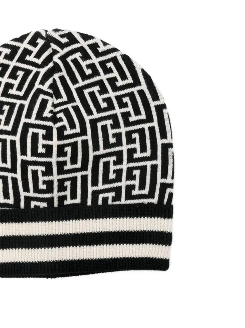 Berretto Nero con Monogramma e Bordo a Coste Nero avorio miniatura 2