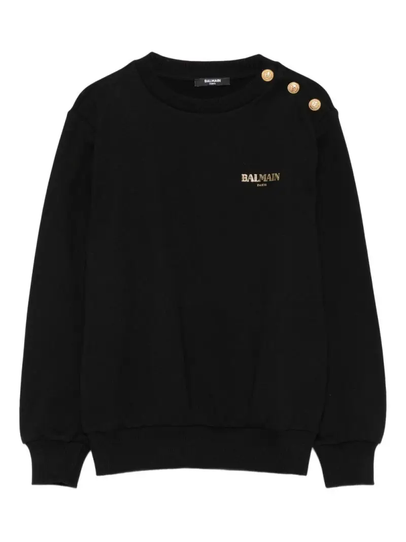 Felpa Nera Girocollo con Bottoni e Logo Nero oro