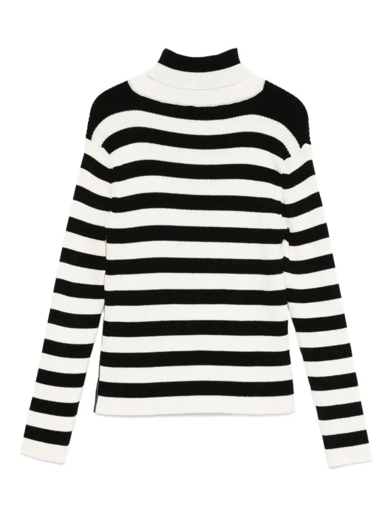 Maglione Beige a Righe con Collo Alto Bianco Nero miniatura 3